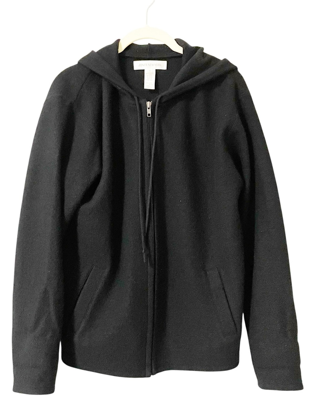 Jones New York Black Zip Hoodie Sweatshirt Full Zip Small Merino Wool Vintage